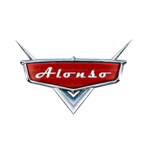 May include: A red and silver emblem with the name "Alonso" in white script. The emblem has a shield shape with a red background and silver trim, and two silver spikes extending upwards. The design is reminiscent of a car logo.