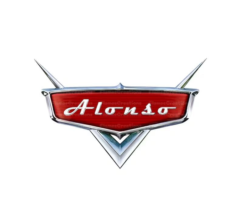 May include: A red and silver emblem with the name "Alonso" in white script. The emblem has a shield shape with a red background and silver trim, and two silver spikes extending upwards. The design is reminiscent of a car logo.