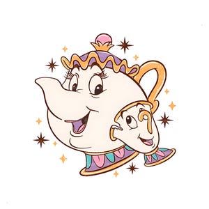May include: A cartoon illustration of a teapot and a teacup with smiling faces. The teapot is purple and gold with a pink lid. The teacup is white and gold. Both have eyelashes and are surrounded by gold stars.
