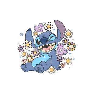 Peut inclure: Un personnage de dessin anim&eacute; bleu avec un sourire malicieux, entour&eacute; de fleurs et de c&oelig;urs color&eacute;s. Le personnage a de grandes oreilles et un large sourire, avec une expression espi&egrave;gle.