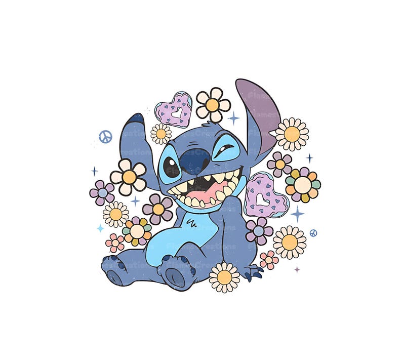 Peut inclure: Un personnage de dessin anim&eacute; bleu avec un sourire malicieux, entour&eacute; de fleurs et de c&oelig;urs color&eacute;s. Le personnage a de grandes oreilles et un large sourire, avec une expression espi&egrave;gle.