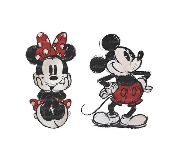 レトロな水彩画のミッキーマウスとミニー 1928年創業 PNG バンドル