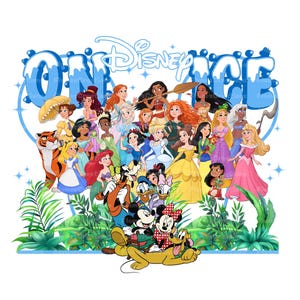 May include: A colorful graphic featuring Disney characters, including princesses, Mickey Mouse, and Donald Duck, with the text "ON ICE" and the Disney logo. The image has a white background with blue accents and tropical foliage.