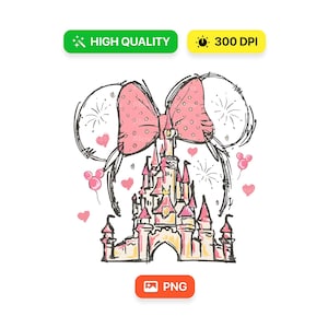 Puede incluir: Una ilustración rosa y blanca de un castillo con un gran lazo rosa en la parte superior. El castillo está rodeado de corazones rosas y fuegos artificiales.