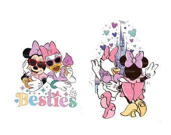Op de afbeelding: Twee cartoon illustraties van Minnie Mouse en Daisy Duck. Eén toont hen samen met het woord "Besties". De andere toont hen voor een kasteel. Beide dragen zonnebrillen en strikken.