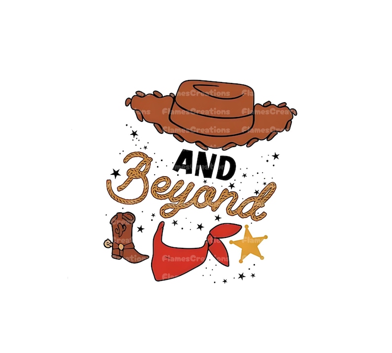K&ouml;nnte beinhalten: Ein brauner Cowboyhut mit einem roten Bandana und einem goldenen Sheriffstern, mit den Worten "And Beyond" in einer seilartigen Schrift.