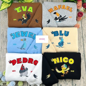 Sudadera bordada de la película Río, camiseta Blu Jewel Nico Pedro Eva Rafael, cuello redondo con dibujo de pájaro, idea de regalo colorida, conjunto familiar