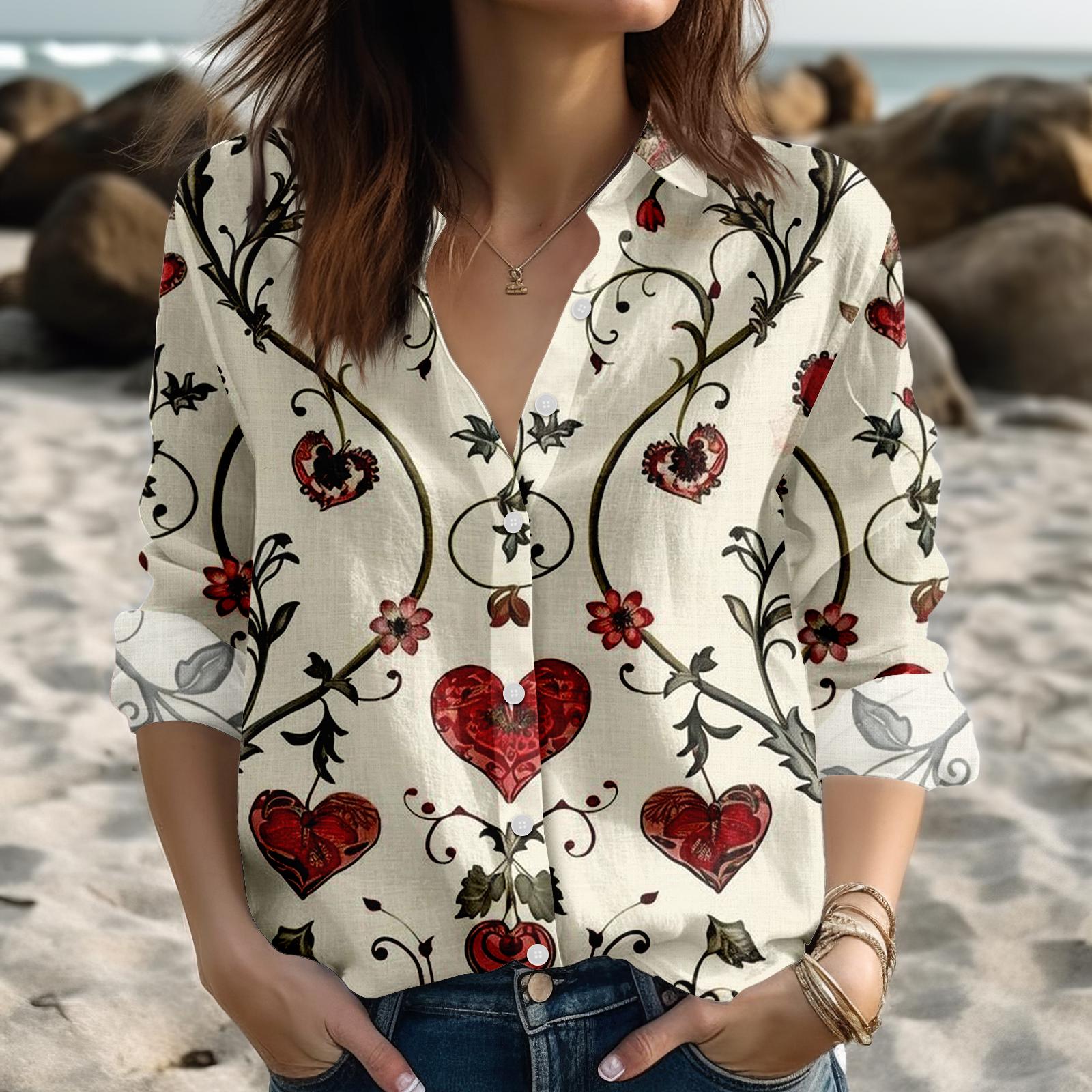 Discover Heart Floral Linen Shirt for Women, Romantic Boho Button Up Blouse, Red Heart and Flower Print Top, Love Pattern Casual Shirt, Gift for