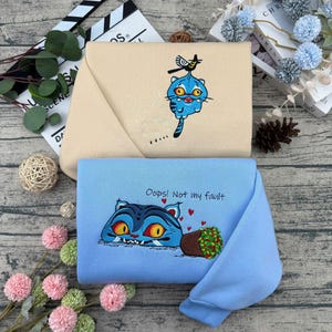 Funny embroidered cat sweatshirt, kawaii unisex pullover, cute cartoon kitty hoodie gift for cat lovers, cozy animal graphic top