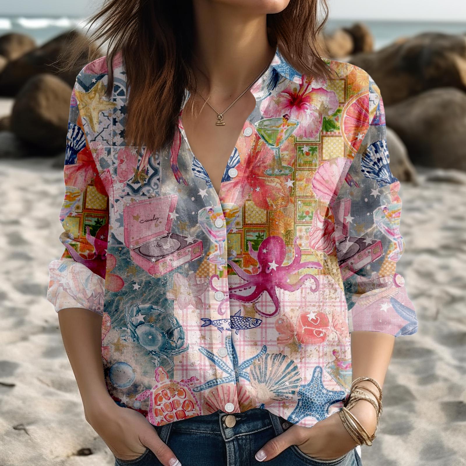 Discover Ocean Octopus Linen Blouse for Women, Seashell and Starfish Coastal Top, Colorful Sea Life Button-Up Shirt