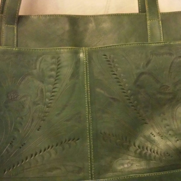 Leaders and Leathers Tooled Green Tote Bag