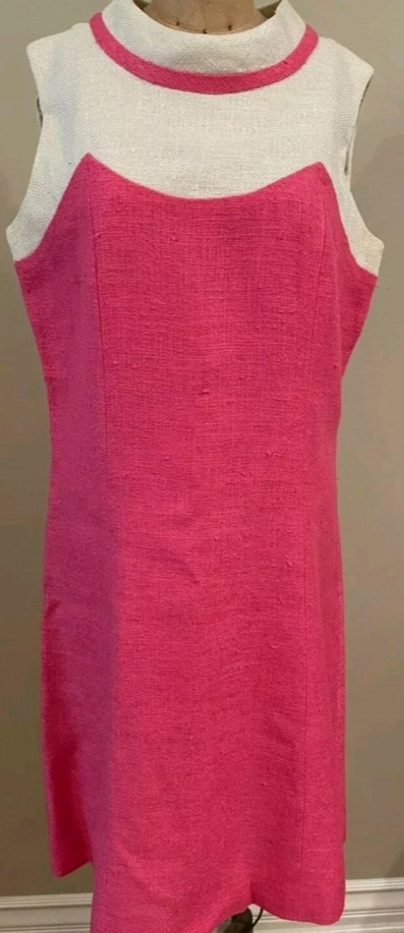 1960s Mod Pink and white linen Shift Dress - image 1