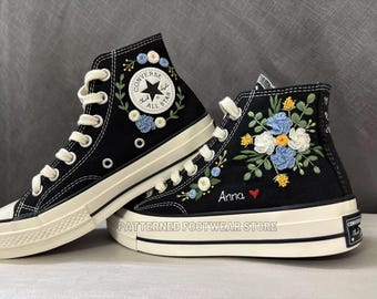 Floral Embroidered Converse High Tops, Custom Name Shoes