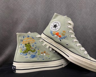Custom Converse High Tops, Adorable Frog Embroidery, Mint Green