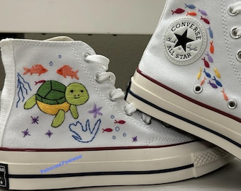 Hand-Embroidered Turtle Converse High Tops, White Flower Design
