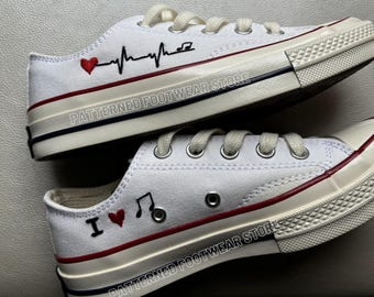 Music Embroidered Converse Low Tops, White Converse Shoes
