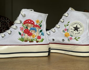 Mushroom Flower Embroidered Converse High Tops, Floral Shoes