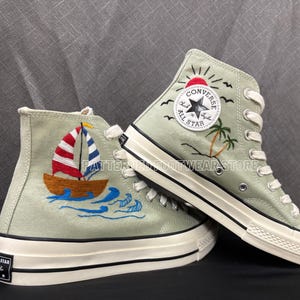 Sunset Boat Embroidered Converse High Tops | Ocean & Sun Embroidered Converse Shoes | Custom Mint Converse with Sad Boat Design