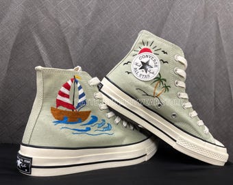 Embroidered Converse High Tops | Sunset Boat, Ocean Design