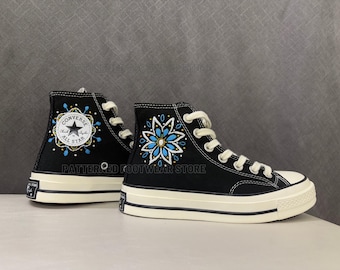 Blue Star Flower Embroidered Converse High Tops, Custom Floral Shoes