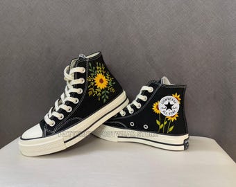 Sunflower Embroidered Converse High Tops, Hand-stitched Floral Sneakers