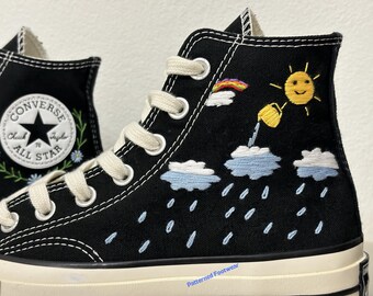 Rain Embroidered Converse High Tops, Black Flower Converse