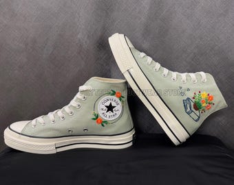 Embroidered Converse High Tops, Books and Flowers, Custom Mint Sneakers