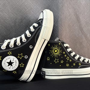 Converse Custom, Yellow star in universe Embroidered Converse High Tops, Converse embroidered, Black Converse embroidered High Tops
