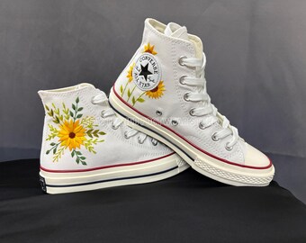 Sunflower Embroidered Converse High Tops, Custom Floral Sneakers