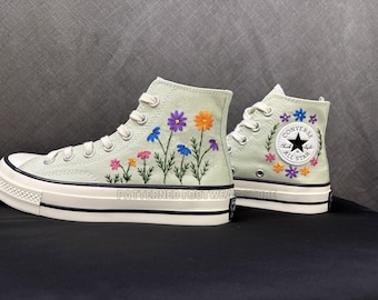 Embroidered Flower Converse High Tops, Custom Mint Sneakers
