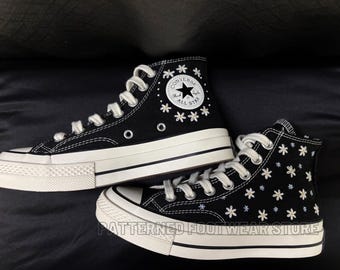 Embroidered Converse High Tops, White Flower Design, Custom Shoes