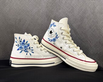 Embroidered Converse 1970s High Tops, Blue Flower Design