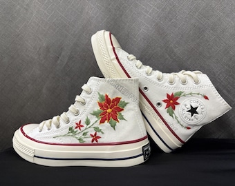 Chaussures montantes brodées Converse, motif fleurs rouges, chaussures personnalisées