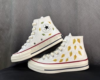 Embroidered Leaf Converse High Tops, Custom White Sneakers