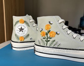 Embroidered Converse High Tops | Flowers and Bees, Custom Chuck Taylor 1970s
