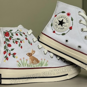 Embroidered Converse High Tops, Rabbit and Strawberry, Flower Shoes