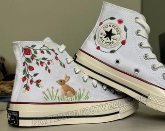 Embroidered Converse High Tops, Rabbit and Strawberry, Flower Shoes