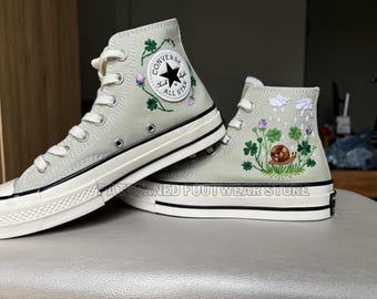 Embroidered Converse High Tops | Flowers, Snail, Four Leaf Clover