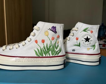 Embroidered Tulip Converse High Tops | Custom Floral Chuck Taylor 1970s