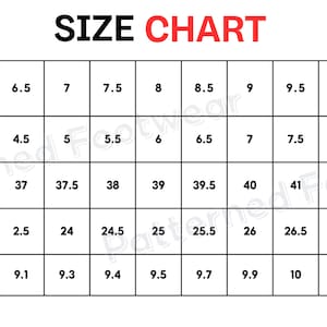 May include: A size chart for women's shoes, showing US, UK, EU, CM, and inch measurements. The chart includes sizes from 5 to 12.