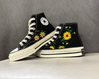 Sunflower Embroidered Converse High Tops, Custom Black Sneakers