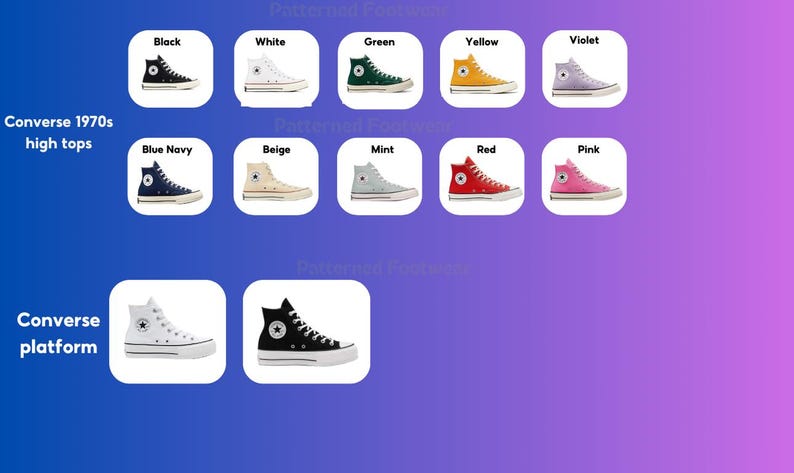 May include: A selection of Converse high-top sneakers in various colors, including black, white, green, yellow, violet, blue navy, beige, mint, red, and pink. The sneakers are arranged in two rows, with the top row labeled "Converse 1970s high tops" and the bottom row labeled "Converse platform".