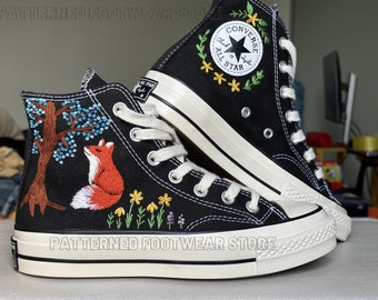 Fox and Flower Embroidered Converse High Tops, Animal Shoes