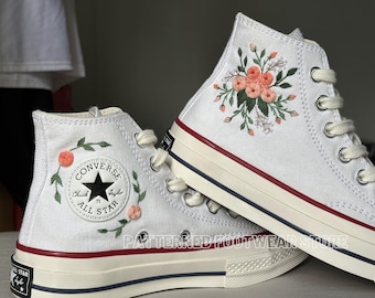 Flower Embroidered Converse High Tops, Hand-stitched Floral Sneakers