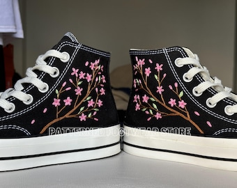 Embroidered Converse High Tops, Black Shoes, Peach Blossom Design