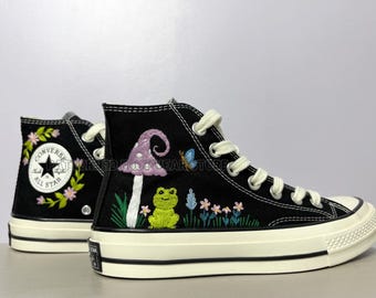 Frog - MushroomEmbroidered Converse High Tops, Flower embroidered Converse shoes,  Floral Converse embroidered High Tops, Custom Converse