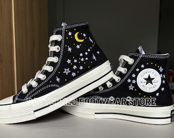 Embroidered Night Sky Converse High Tops | Custom Chuck Taylor 1970s