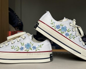 Flower Embroidered Converse, Custom White Low Top Sneakers