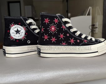 Flower Embroidered Converse High Tops, Custom Black Converse