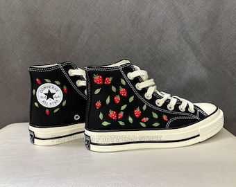 Strawberry Embroidered Converse High Tops, Hand-Crafted Shoes